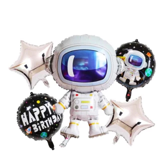 Kit C/5 Balão Metalizado Astronauta Happy Birthday + Estrela Prata 45cm