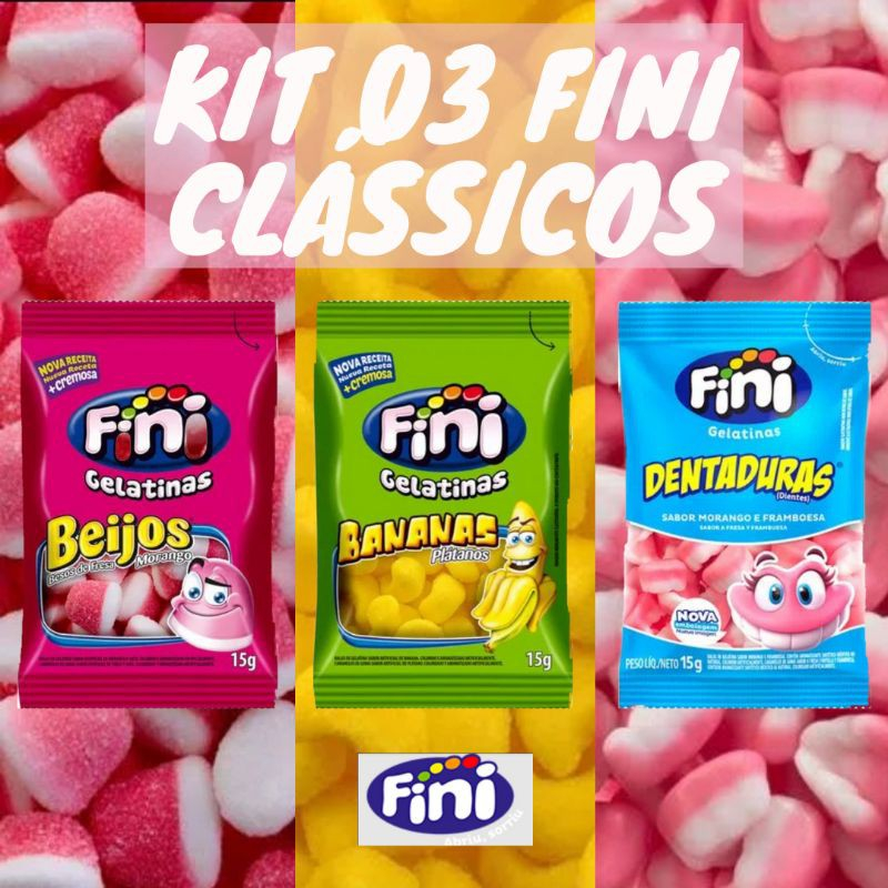 Kit com 03 pacotes guloseimas de gelatina Fini - Mini Beijos, Bananas ...