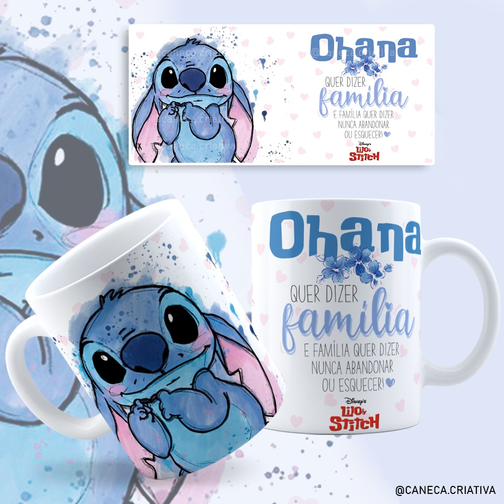 Caneca porcelana personagem Stitch - Ohana - Família