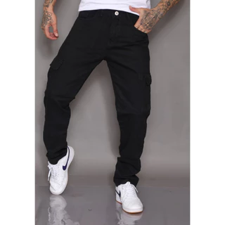 Calca jeans masculino modelo cargo preto