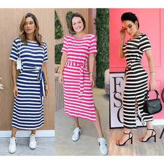 Vestido Feminino Listrado Midi Amarração na Cintura Longo com Manga Curta Anne Acinturado