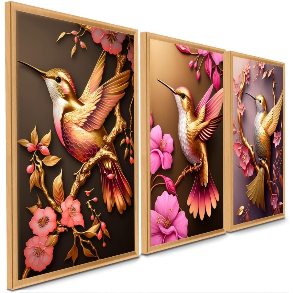 Quadro Decorativo Beija Flor Flores De Cerejeira Rosa Ouro