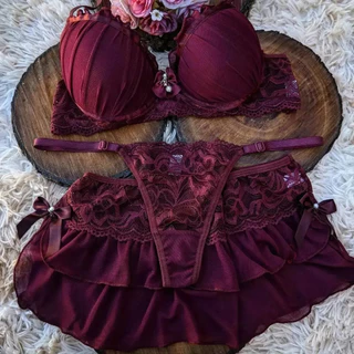 Lingerie com Sutiã Calcinha Fio Dental e Saia Conjunto Langerie Sensual com Bojo Madona