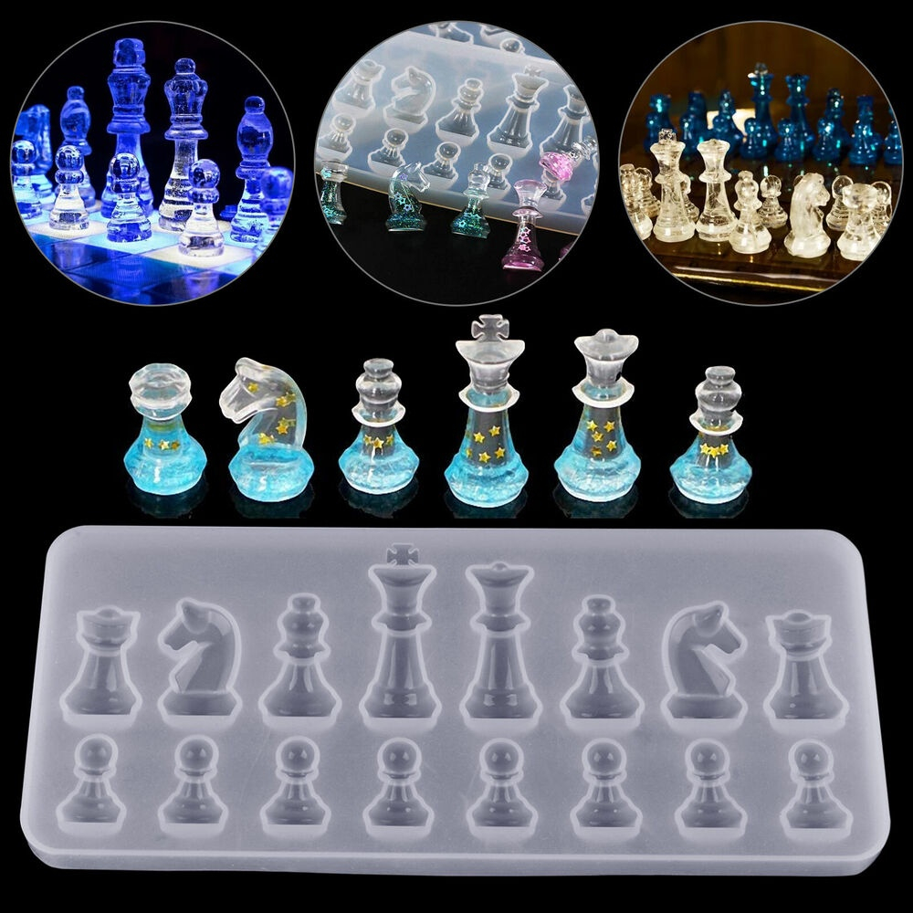 Compra online de 6 pçs 3d cristal internacional peças de xadrez resina cola  epoxy molde peças de xadrez molde de silicone diy artesanato jóias  ferramenta de decoração para casa