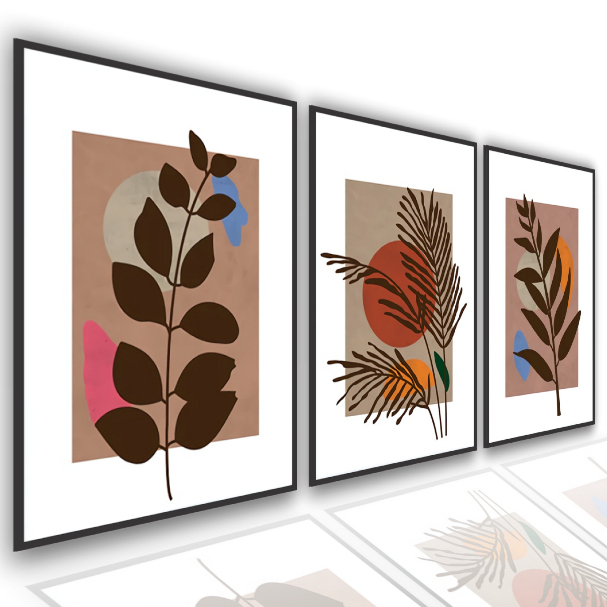 Quadros Decorativos Mosaico 3 Peças 60x40 Folhagem Boho Minimalista Moderno Sala Quarto Escritório
