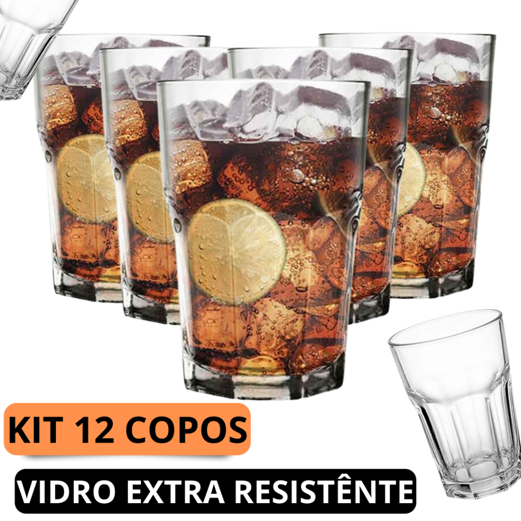 Kit Jogo 12 Copos Vidro Grosso Suco Agua Refrigerante 400ml