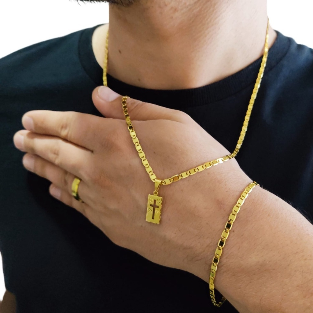 Corrente Fininha Masculina E Pulseira Banhado A Ouro 18K Masculino Feminina Com Pingente Placa Cruz