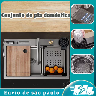 Cuba Cozinha Gourmet Quadrada Dupla Preto Inox c/ Escorredor 75x45x20 cm