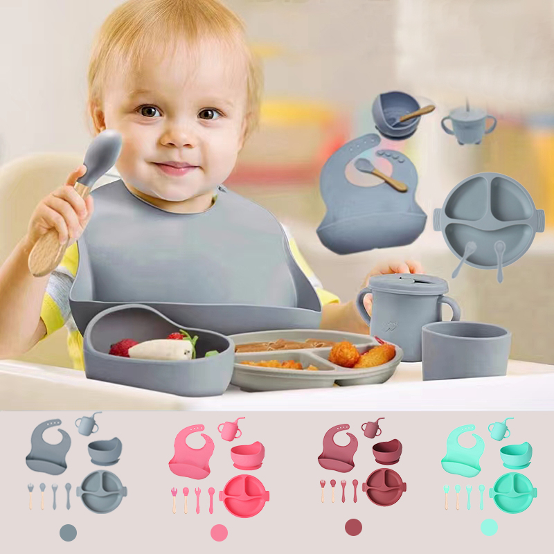 8PCS/Conjunto Prato De Jantar De Silicone Para Bebês Com Tigela De Otário Sippy Cup Bibs Colher De Garfo BPA Pratos De Alimentação