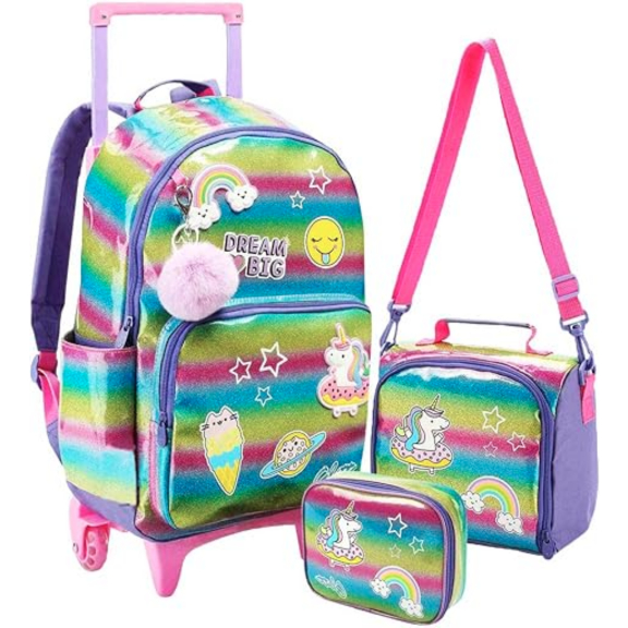 Kit Mochila De Rodinha Infantil Menina Escolar Com Chaveiro Pompom Feminina + Lancheira Térmica + Estojo - Seanite