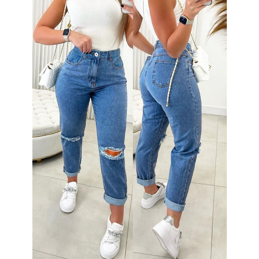 Calça Mom Jeans Feminina Barra Dobrada Rasgada Joelhos Cintura Alta