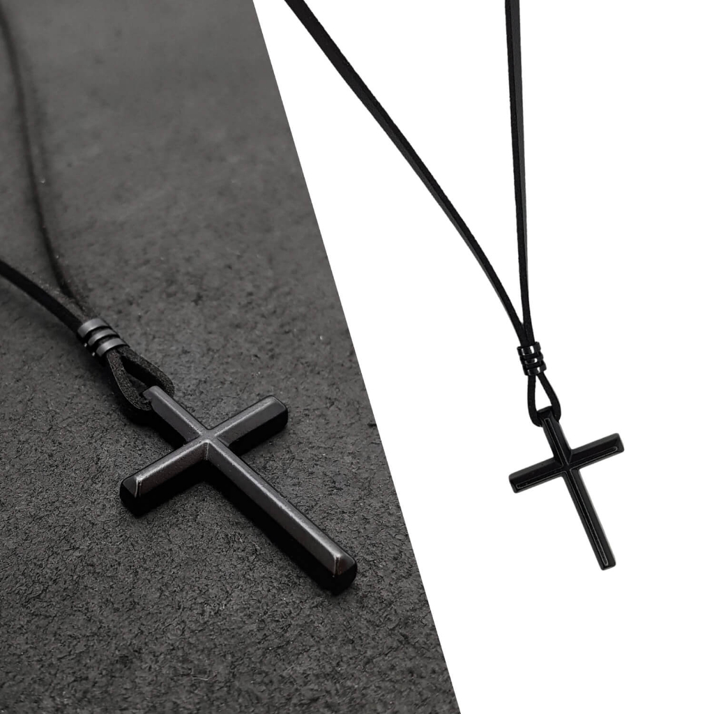 Colar Masculino De Cordão de Couro Cruz Corrente de Aço