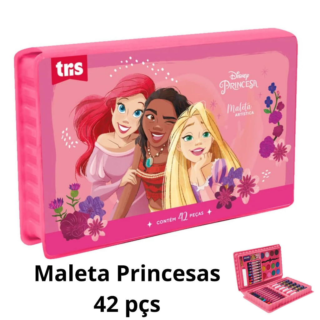 Maleta Artistica Infantil Giz de Cera Borracha Canetinha Princesas