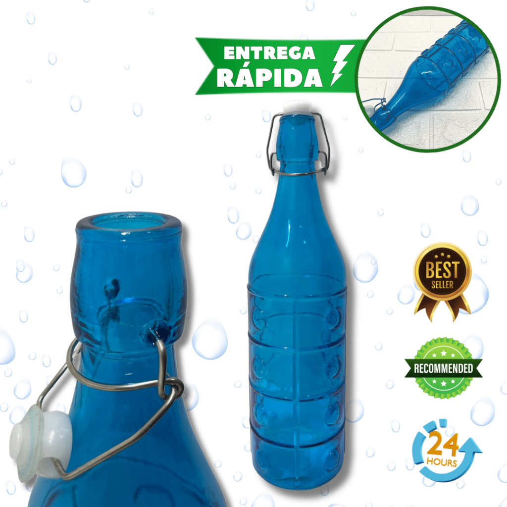 2 Garrafas De Vidro 1L Grande Com Tampa Hermética Azul para beber Agua, Sucos Escritórios Home Office Casa e academia exercicios