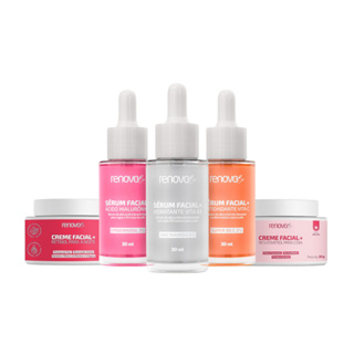 Kit 3 Séruns Faciais Ácido Hialurônico, Antioxidante Vita C e Hidratante + 2 Cremes Faciais Resveratrol Dia e Retinol Noite Renova Be