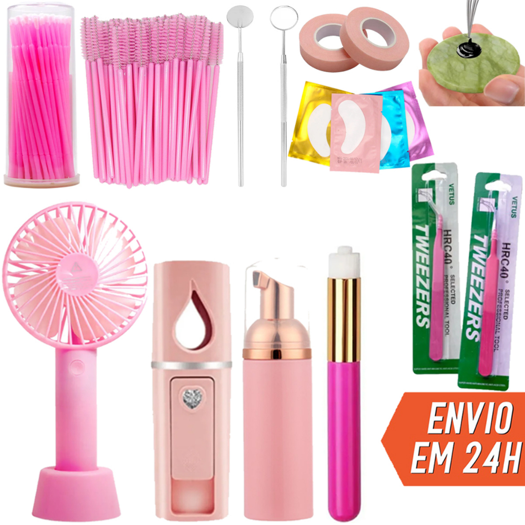 Kit Extensão Alongamento de Cílios Completo Nano Ventilador Pump Pinças Vetus Escovinhas Microbrush Pads Gel