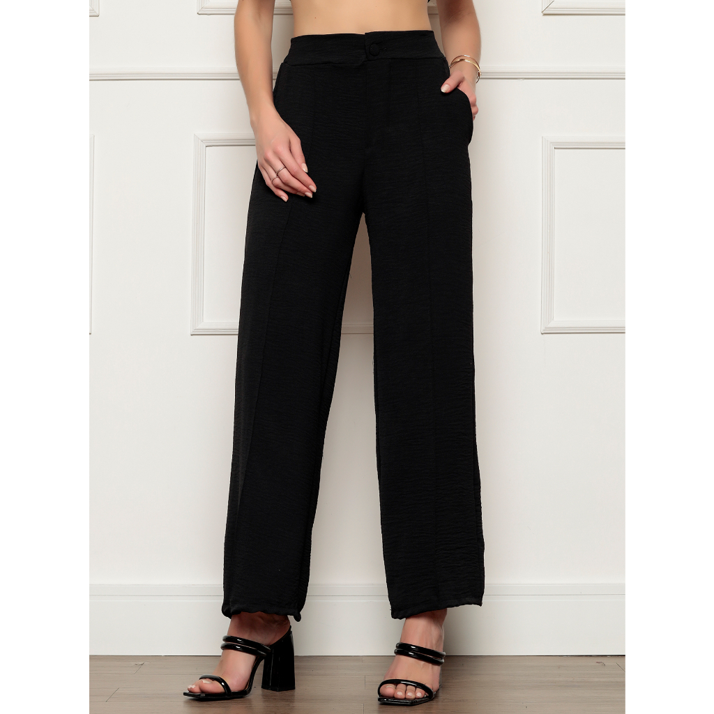 Calça Alfaiataria Feminina Pantalona Wide Leg Duna com Botão Tendência