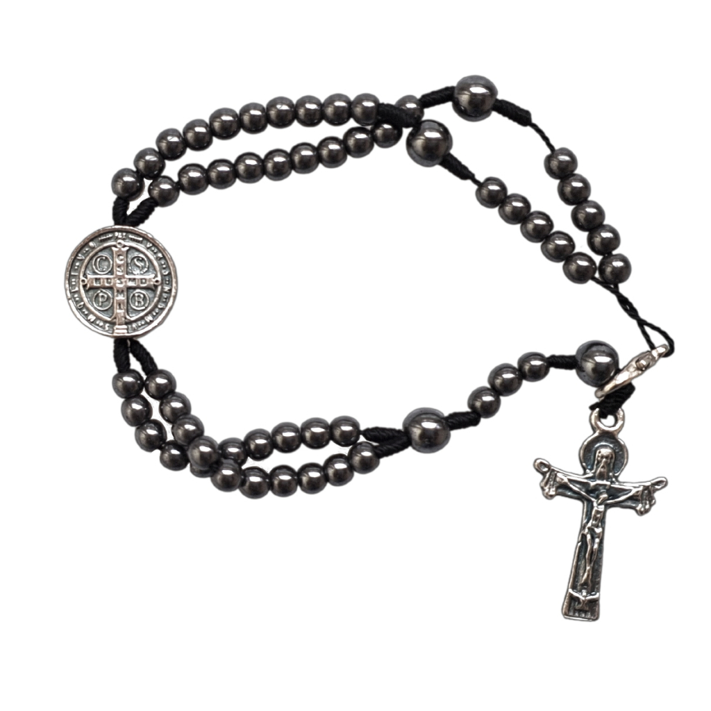 Pulseira Terço São Bento Hematita Católico Religioso Crucifixo Jesus