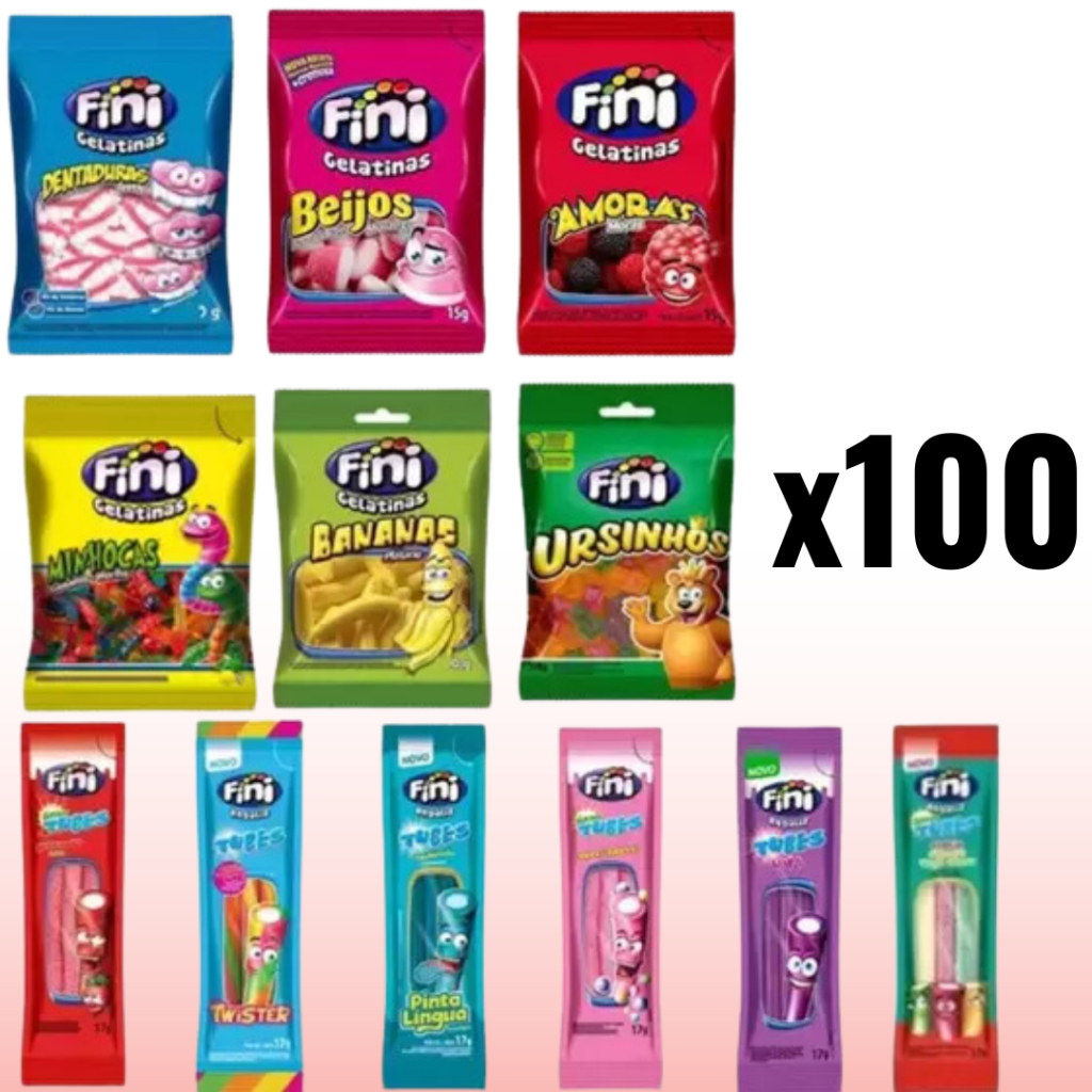 Kit 100 un Bala Fini Tubes Gelatinas Sortido15g - Fini