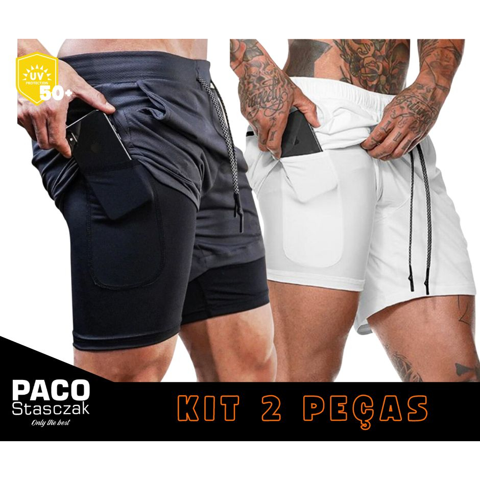 KIT 2 SHORTS 2 EM 1 DUPLO DRY FIT ESPORTIVO PARA TREINOS E CORRIDA