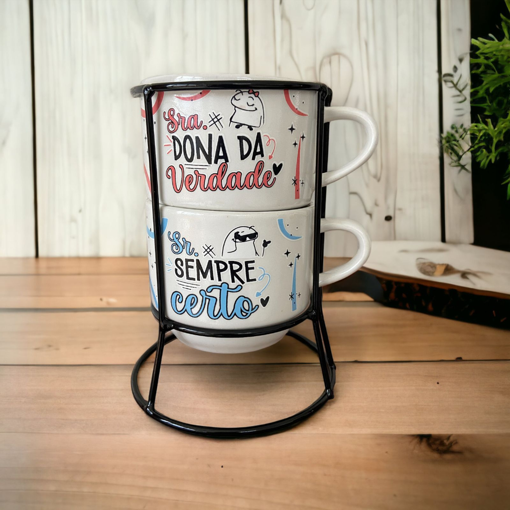 Kit 2 Xicaras Porcelana Chá Café Flork Casal + Suporte Metal