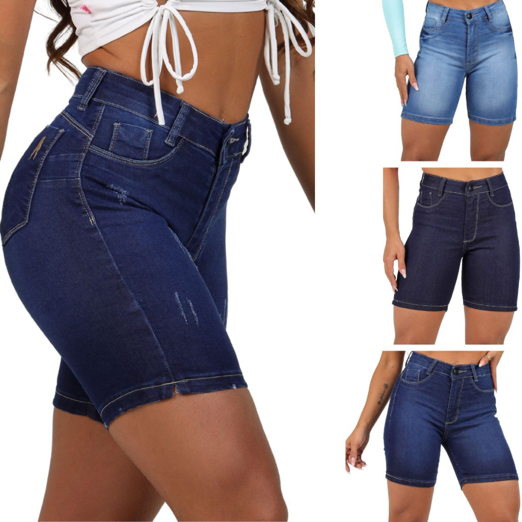Bermuda Meia Coxa Jeans Feminina Lycra Empina Bumbum Cintura Alta