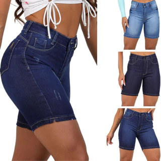 Bermuda Meia Coxa Jeans Feminina Lycra Empina Bumbum Cintura Alta