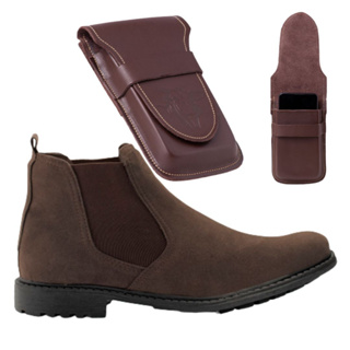 Kit Bota Social Masculina Camurça sintético Country+Capinha Bainha Country Canguru Celular Canivete Couro Legítimo