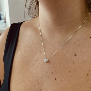 Colar Coração Bojudo De Prata 925 Com Zircônias Cravejadas