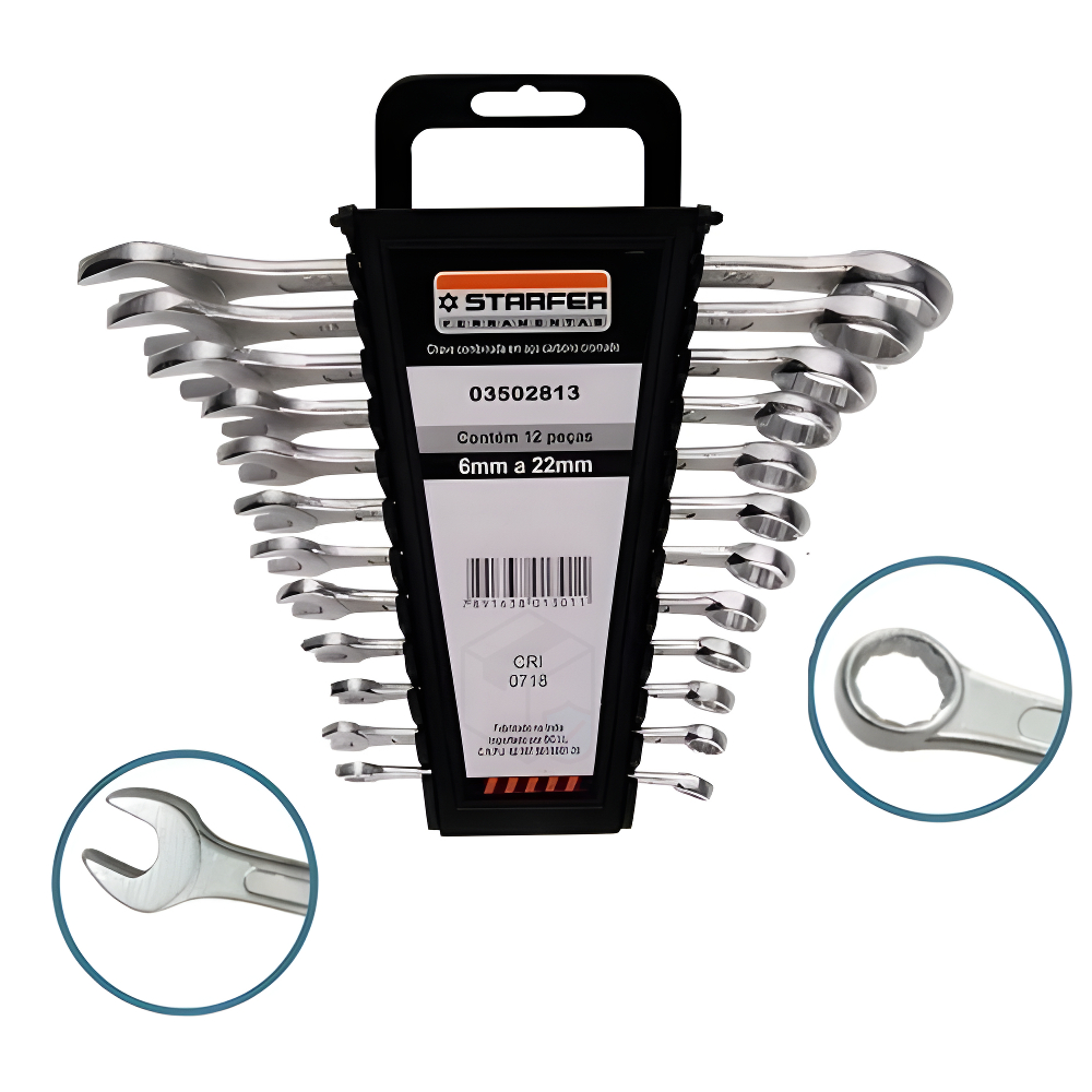 Jogo De Chave Combinada 6 a 22mm 12pçs Starfer Aço Cromado Prom