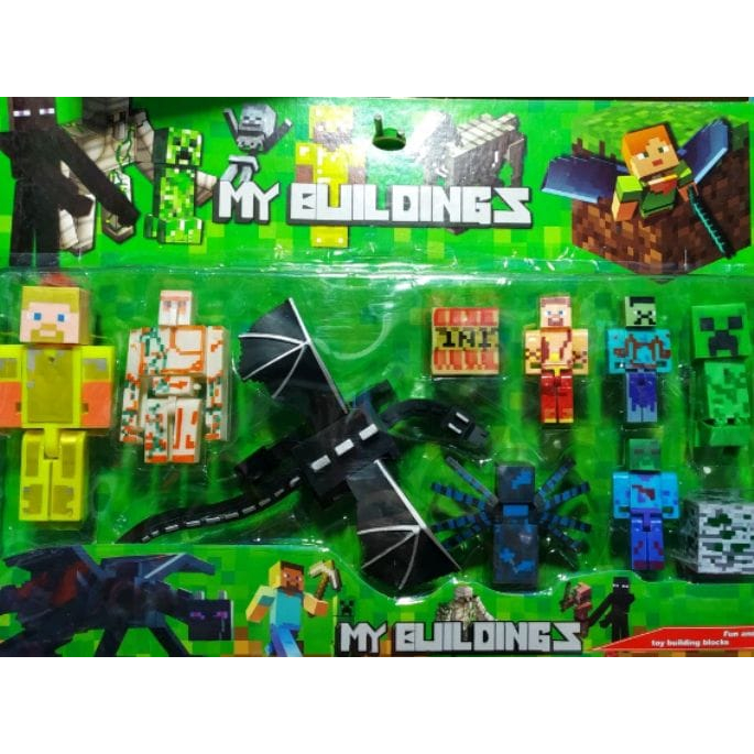 Kit 7 Cartelado Minecraft Dragão com 35 Bonecos + 7 Bloco Ender Dragon  Brinquedo Bed Wars Zombie - Verde