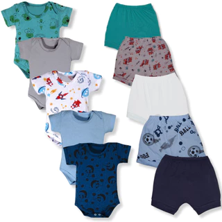 Kit 10 Pçs Body E Shorts Bebe Estampado Malha 100% Algodão Menino