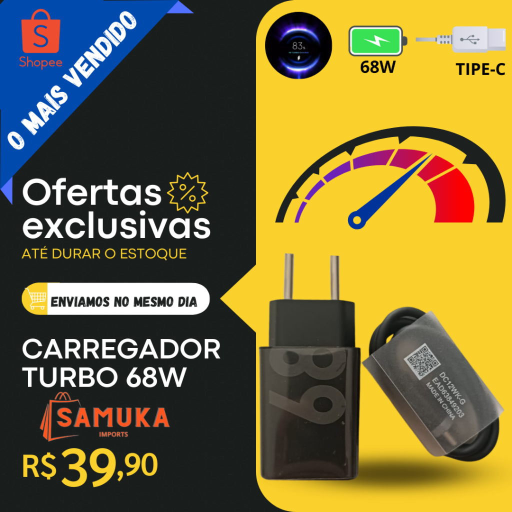 Carregador de celular com cabo, 68w carregamento turbo, Duo Tipo C ...