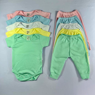 Kit 10 Peças - Conjunto BODY MANGA CURTA + Mijão Liso Infantil Bebê Menino e Menina