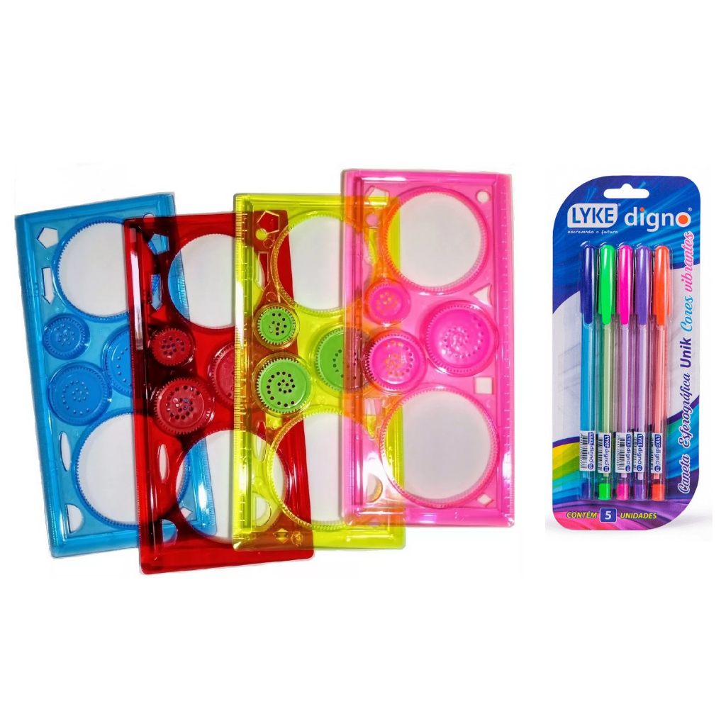 Kit Régua Mágica Espirógrafo + Jogo Canetas Coloridas