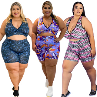 3 Conjuntos Feminino Plus Size Roupa Academia Fitness Top Cropped e Shorts