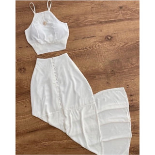 Conjunto Croped e Saia Sereia Crochê Branco Ano Novo - Pyetra Moda Chic