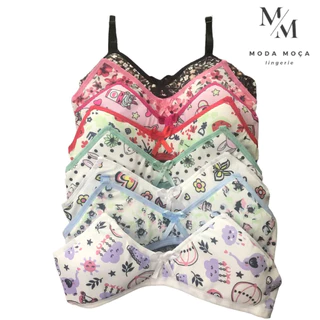 KIT 10 Sutiã Menina Moça Infantil Lingerie Estampado Sem Bojo e Com Espuma