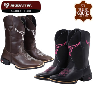Bota Texana Couro Country Cano Alto Bico Quadrado Rodeio Montaria Vaquejada Masculina e Feminina Preta e Marrom - Bordada Boi - Envio Imediato