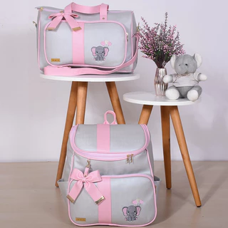 Kit Bolsa Maternidade Elefantinho Cinza/Rosa - 02 Peças