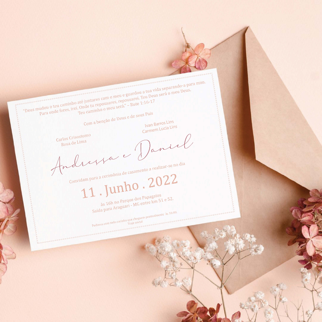 Convite de Casamento Rose Gold Fino Acabamento