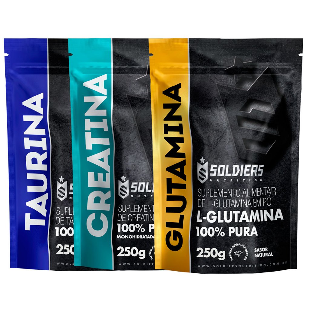 Kit: Creatina Monohidratada 250g + Glutamina 250g + Taurina 250g - 100% Pura Importada - Soldiers Nutrition