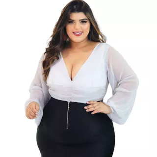Body Tule Decotado Manga Bulfante Zebra Plus Size Bt10 - s