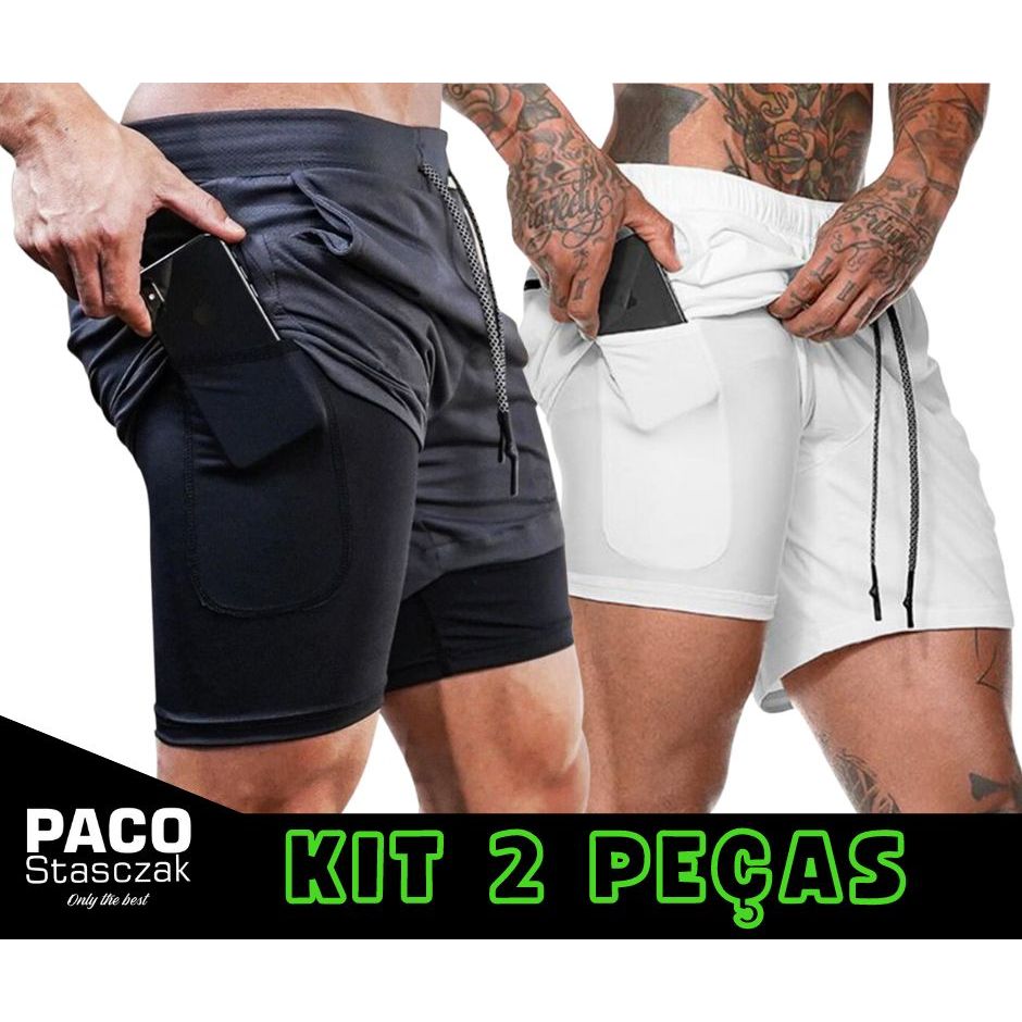 KIT 2 Short 2 em 1 Duplo Treino Bermuda Academia Calção Corrida com Bolso pra Celular Esportivo Dryfit Com Proteção UV