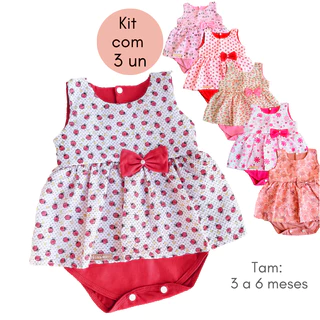 Roupa de Bebê Menina Kit com 3 Body Vestido 3 a 6 meses Cores Sortidas