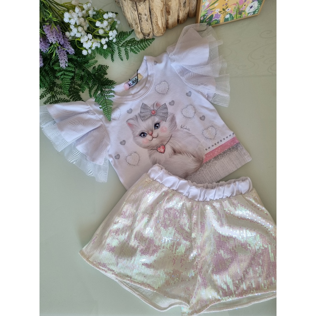 Conjunto Infantil Kukie Verão Com Shorts e Blusa Branca Gatinha Ano Novo