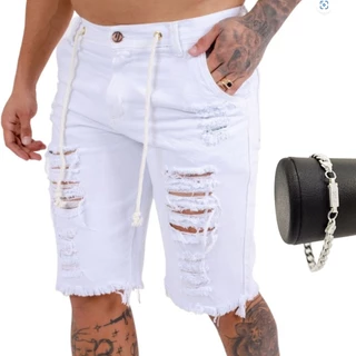 Bermuda jeans branca masculina rasgada + pulseira prata masculina