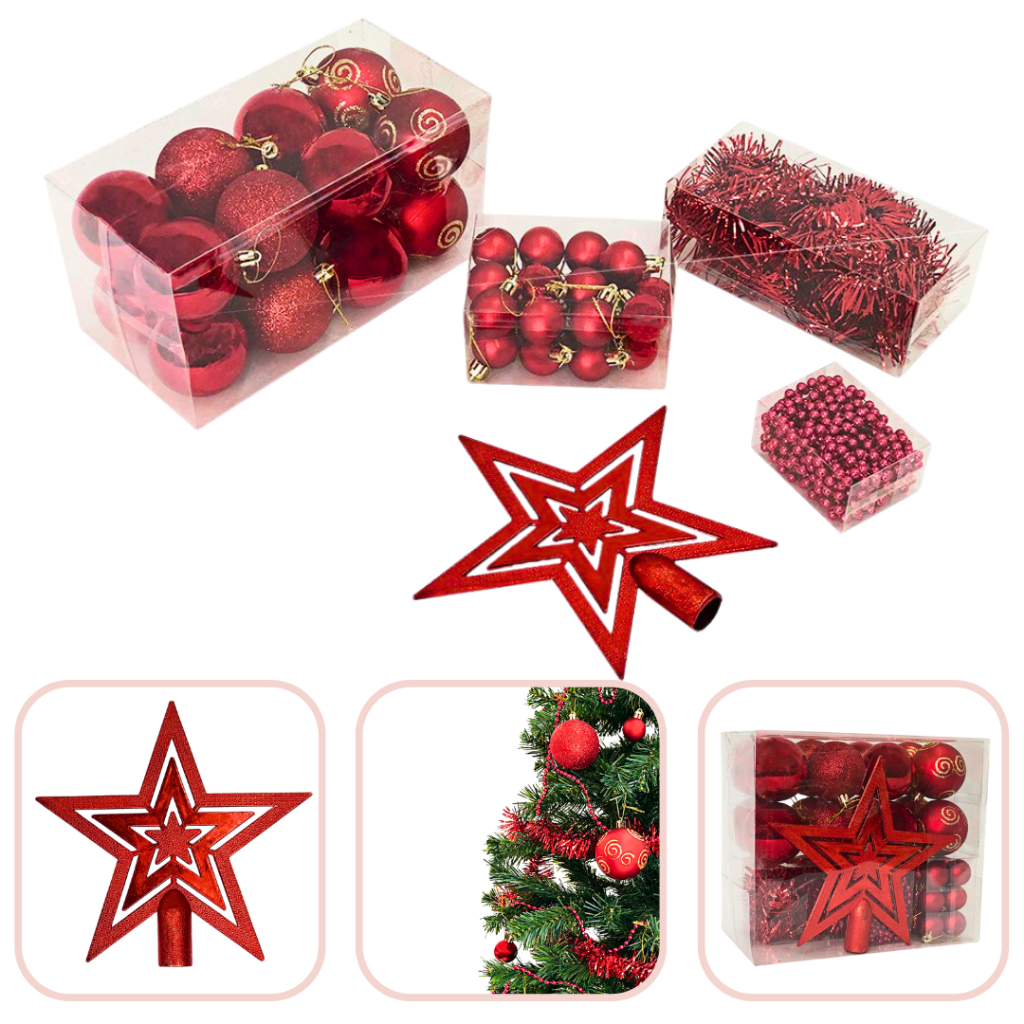 Kit 44 Enfeites de Natal Vermelho Decoração Arvore Natalina Bolinhas Bolas  Estrela Festao | Shopee Brasil