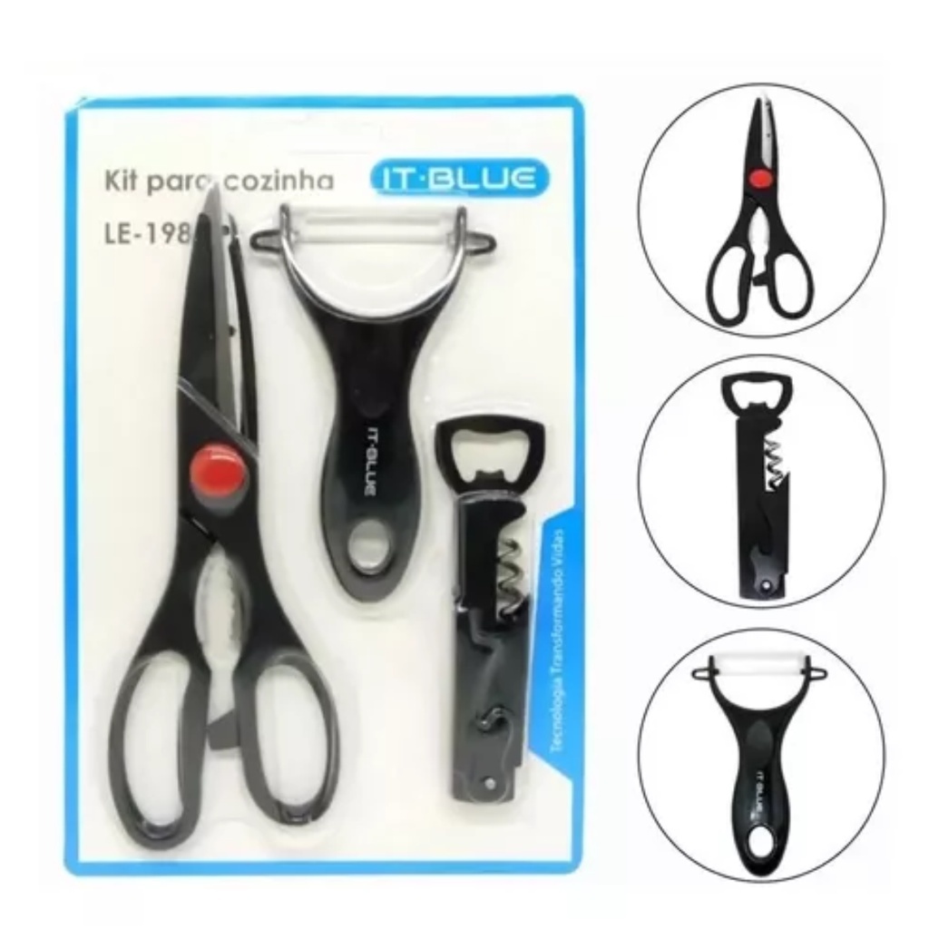 Kit Para Cozinha 3 Peças Tesoura Descascador e Abridor Saca Rolha LE-1987 IT-Blue