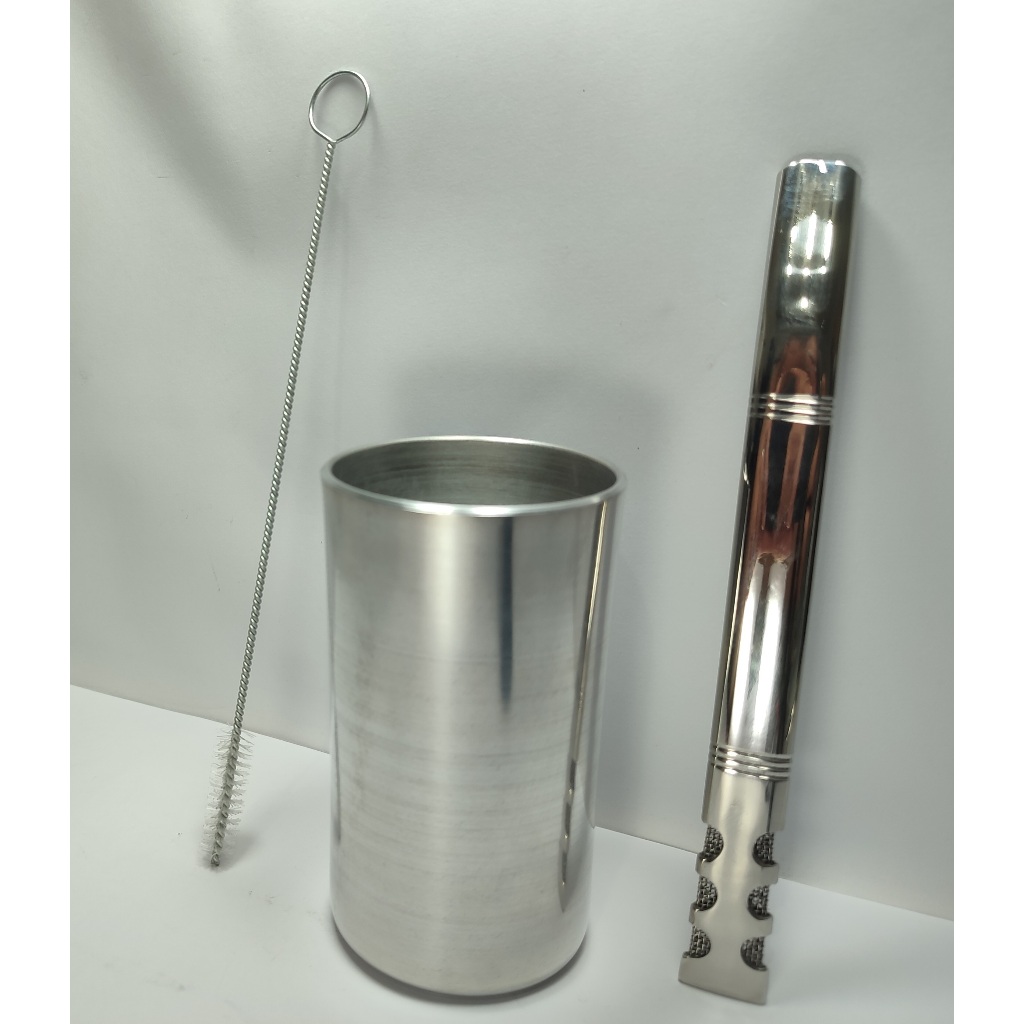 Kit Tereré: Copo Cuia Redondo De Alumínio Liso 300ml + Bomba INOX V6 PREMIUM TELADA POLIDA e Escovinha Higienização